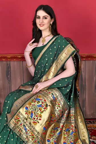 Dark green soft litchi art silk paithani saree
