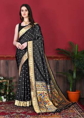 Black soft litchi art silk paithani saree 1