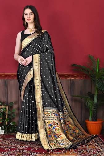 Black soft litchi art silk paithani saree