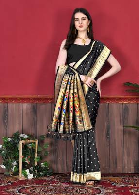 Black soft litchi art silk paithani saree 2