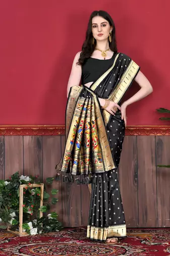 Black soft litchi art silk paithani saree