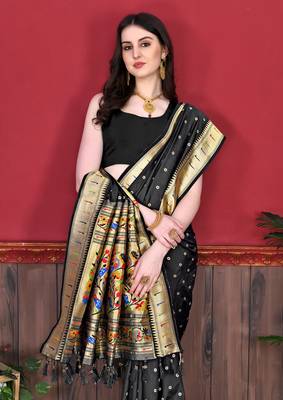 Black soft litchi art silk paithani saree 3