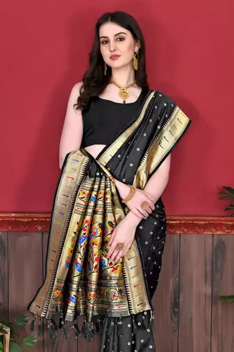 Black soft litchi art silk paithani saree