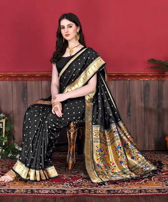 Black soft litchi art silk paithani saree 4