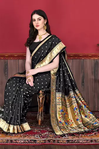 Black soft litchi art silk paithani saree