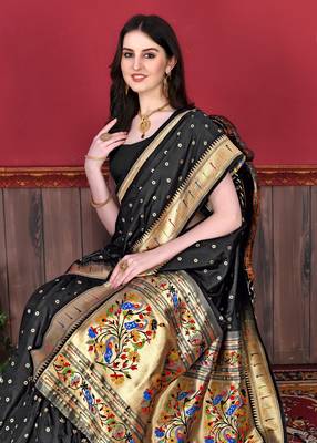 Black soft litchi art silk paithani saree 5