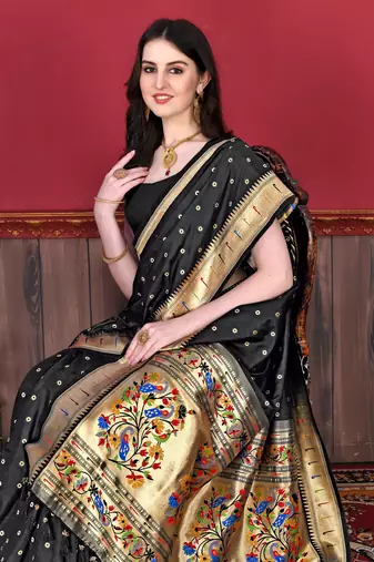 Black soft litchi art silk paithani saree