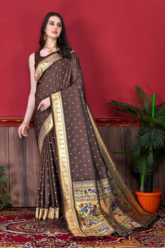 Brown soft litchi art silk paithani saree