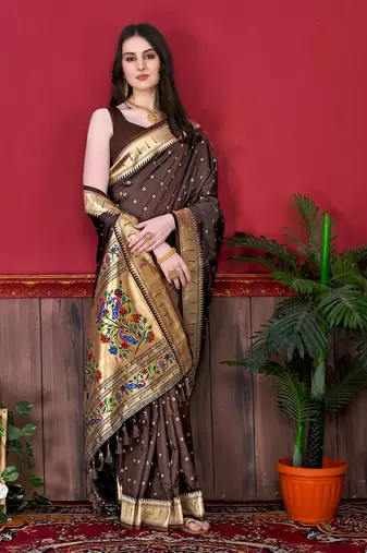 Brown soft litchi art silk paithani saree