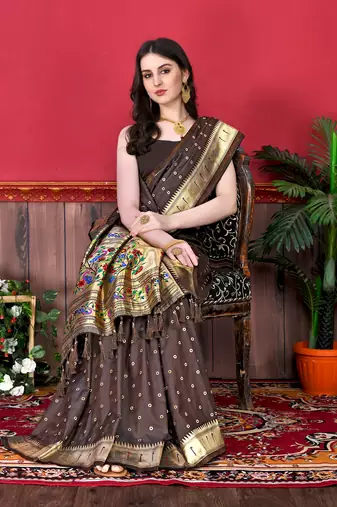 Brown soft litchi art silk paithani saree