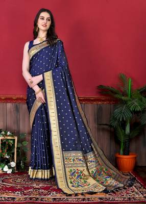 Navy blue soft litchi art silk paithani saree 1