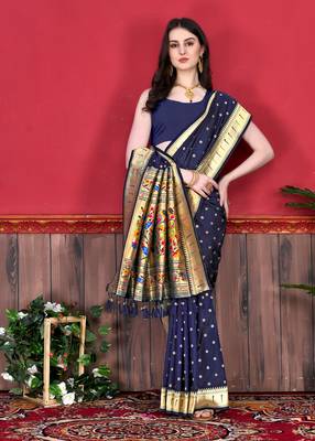 Navy blue soft litchi art silk paithani saree 2