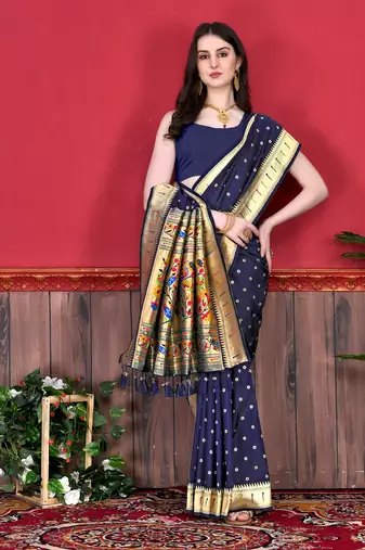Navy blue soft litchi art silk paithani saree
