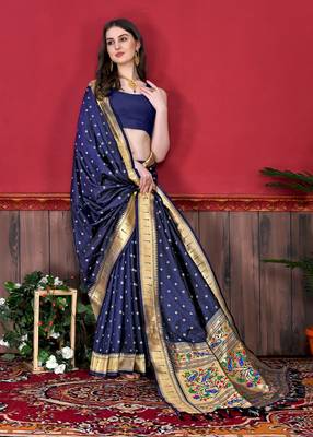 Navy blue soft litchi art silk paithani saree 3