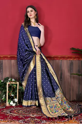 Navy blue soft litchi art silk paithani saree
