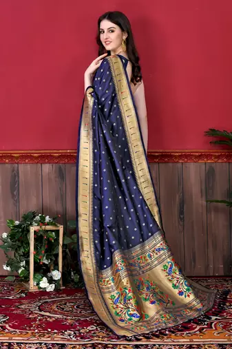 Navy blue soft litchi art silk paithani saree