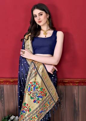 Navy blue soft litchi art silk paithani saree 5