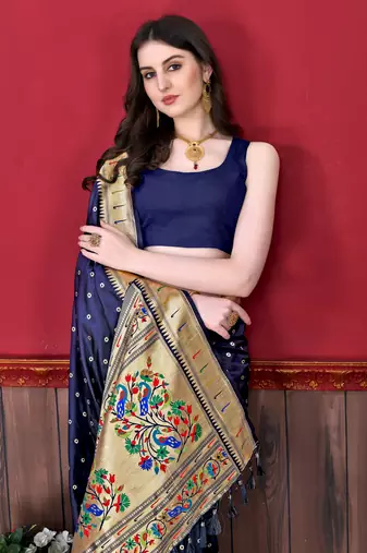 Navy blue soft litchi art silk paithani saree