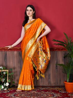 Orange soft litchi art silk paithani saree 2