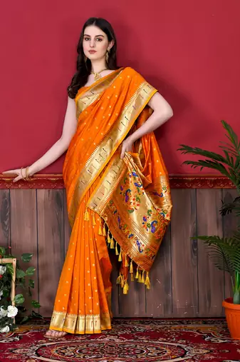 Orange soft litchi art silk paithani saree