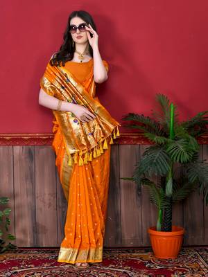 Orange soft litchi art silk paithani saree 3