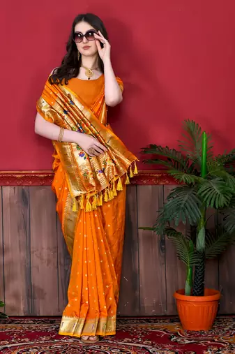 Orange soft litchi art silk paithani saree