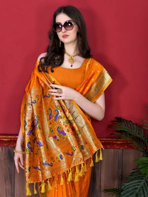 Orange soft litchi art silk paithani saree 4