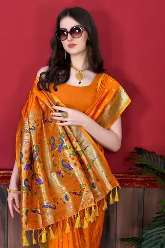 Orange soft litchi art silk paithani saree