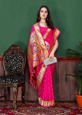 Pink soft litchi art silk paithani saree 2
