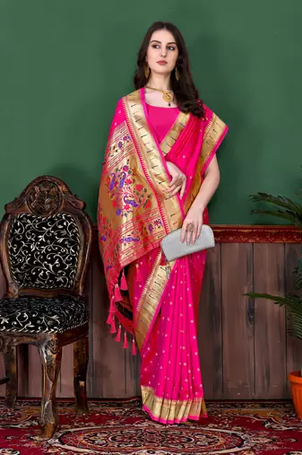 Pink soft litchi art silk paithani saree
