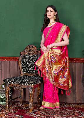 Pink soft litchi art silk paithani saree 3
