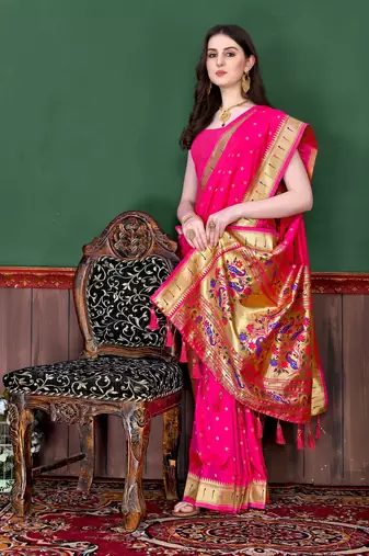 Pink soft litchi art silk paithani saree