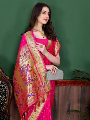 Pink soft litchi art silk paithani saree 4