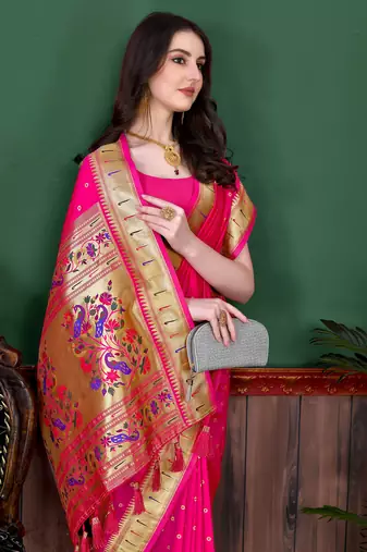 Pink soft litchi art silk paithani saree