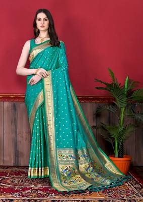Sea green soft litchi art silk paithani saree 1