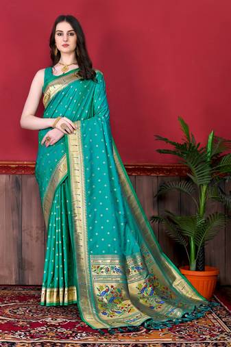 Sea green soft litchi art silk paithani saree