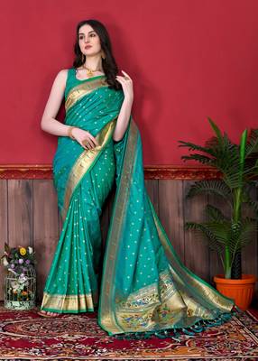 Sea green soft litchi art silk paithani saree 2