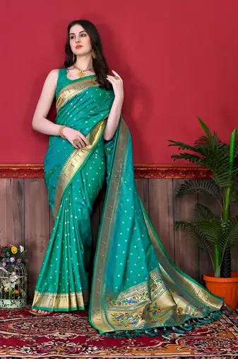 Sea green soft litchi art silk paithani saree