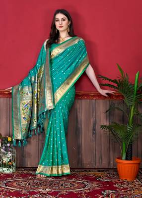 Sea green soft litchi art silk paithani saree 3