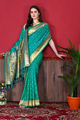 Sea green soft litchi art silk paithani saree