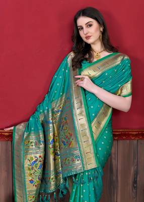 Sea green soft litchi art silk paithani saree 4