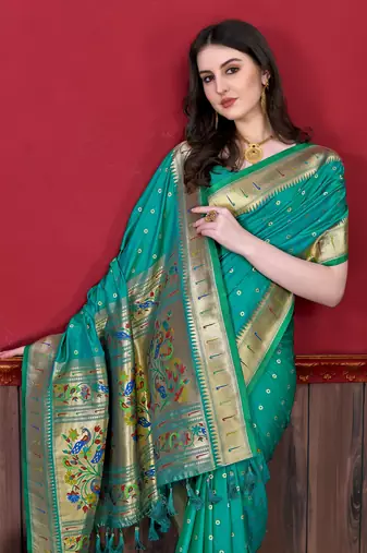 Sea green soft litchi art silk paithani saree