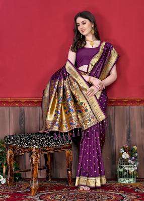 Wine soft litchi art silk paithani saree 3