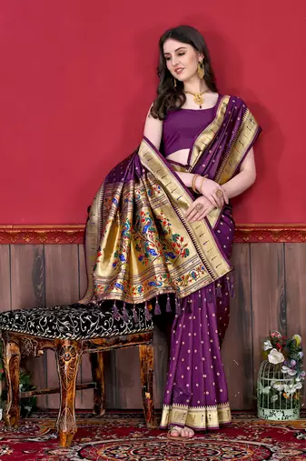 Wine soft litchi art silk paithani saree