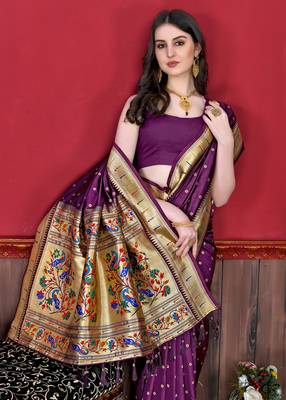 Wine soft litchi art silk paithani saree 4