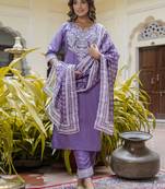 Vredevogel women's silk blend embroidered straight kurta with pants & chanderi print dupatta set