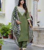 Vredevogel women's silk blend embroidered straight kurta pants set with chanderi print dupatta