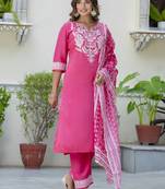 Vredevogel women's silk blend embroidered straight kurta with pants & chanderi print dupatta set