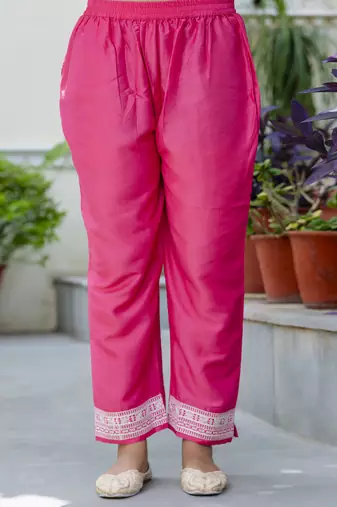 Vredevogel women's silk blend embroidered straight kurta with pants & chanderi print dupatta set