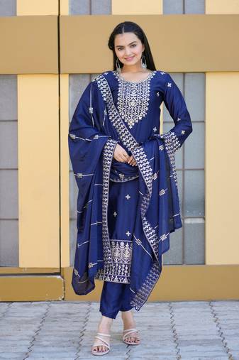 Navy Blue chinon with emboidery work Salwar suits 